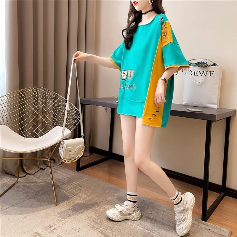 韓国風漫画刺繍ワッペン半袖Tシャツ<S-2991>
