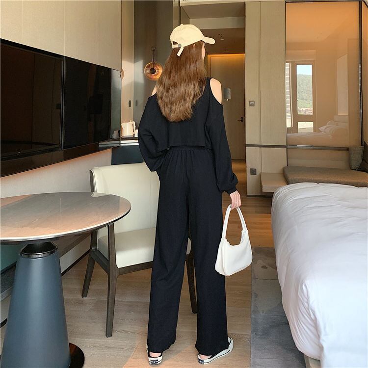 韓国風ファッション カジュアル ?感?佳 全2色 長袖Tシャツ&ハイウエストワイドレッグパンツのセットアップ<S-9103>
