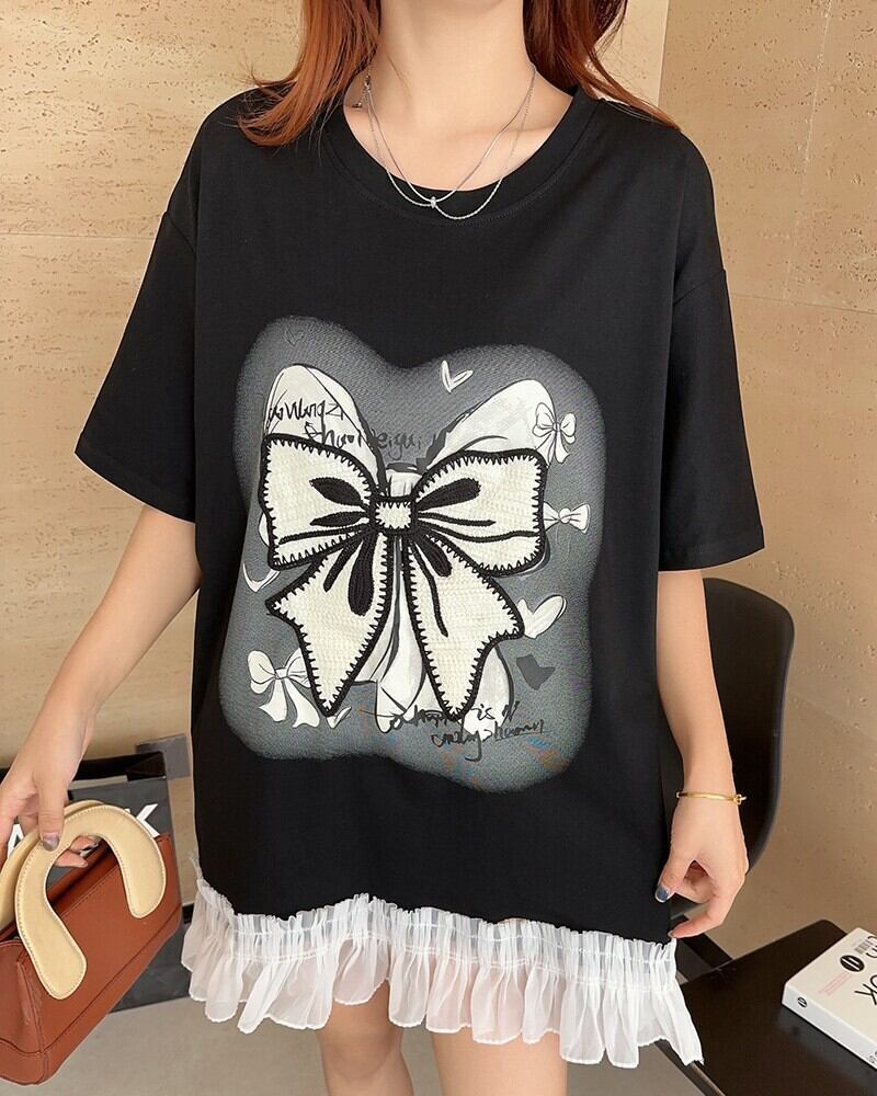 今季マストバイ プリントゆったり 切り替え 半袖Tシャツ 全4色<S-8256>