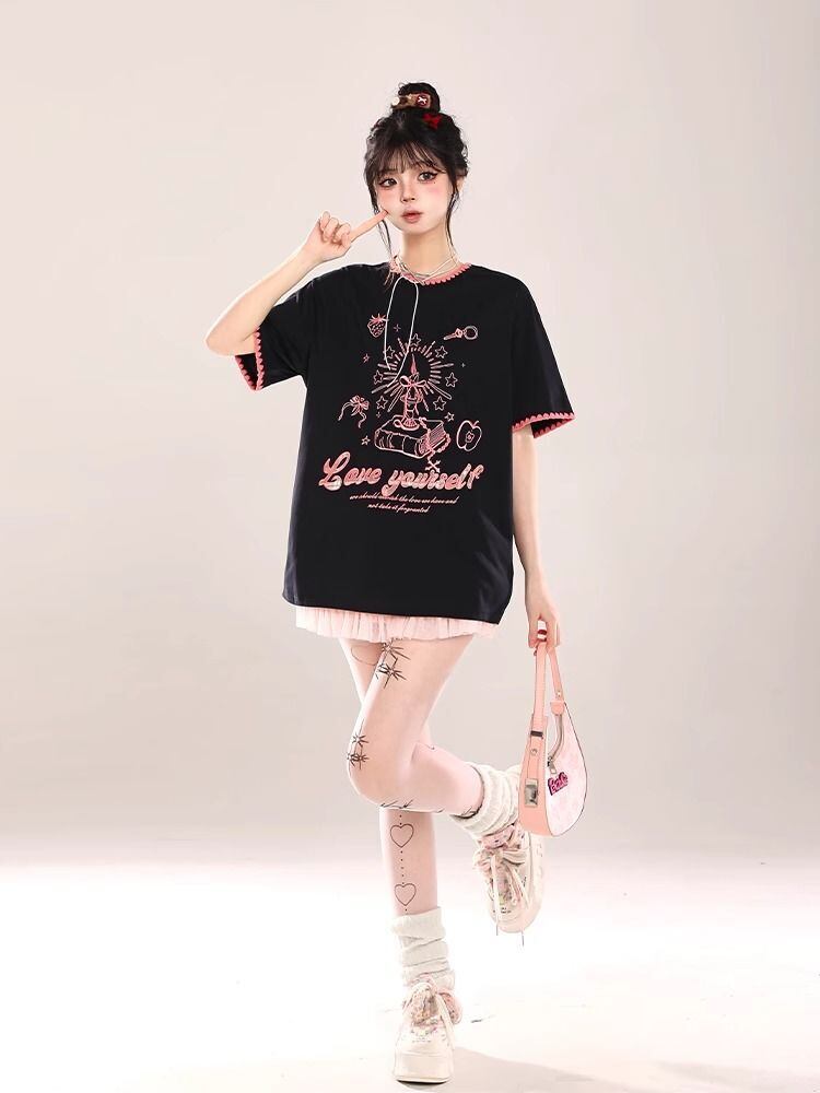 大人可愛い 早い者勝ち 絶対流行 カジュアル 2色選択 Tシャツ<S-11108>