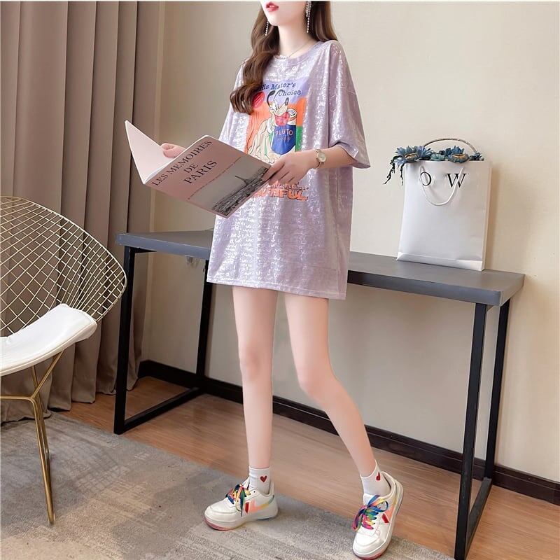 好感度満載 切り替え 美感いっぱい プリント Tシャツ カットソー<S-3548>