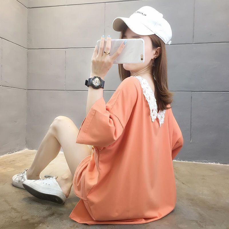 大人可愛い ロング丈 ゆったり 切り替え 三色半袖Tシャツ<S-8129>