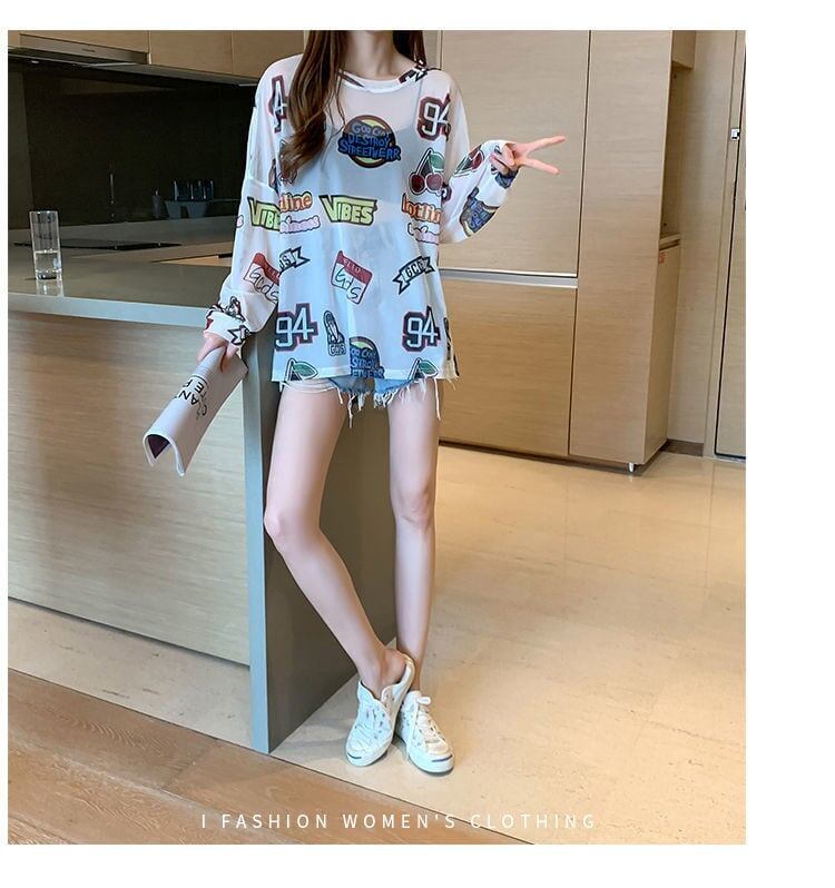 超人気 ルーズ 個性派 日焼け防止に透け感 Tシャツ<S-8052>