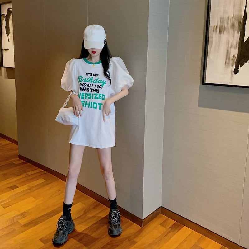 話題沸騰中 パフスリーブ ファッション プリント 全2色 半袖 Tシャツ <S-8662>