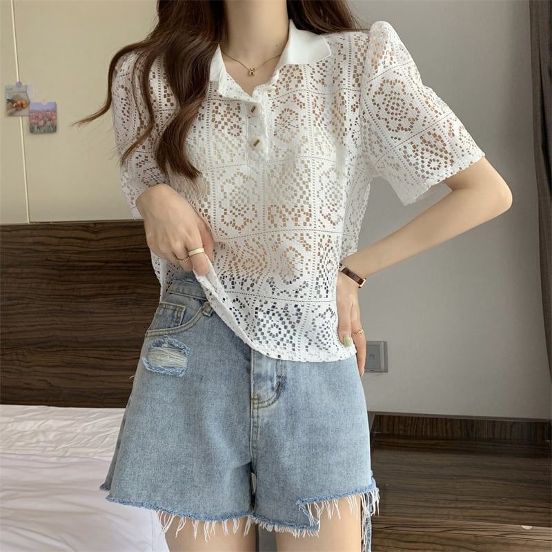ファッション 透かし彫り 美人度アップ POLOネック Tシャツ カットソー<S-3234>