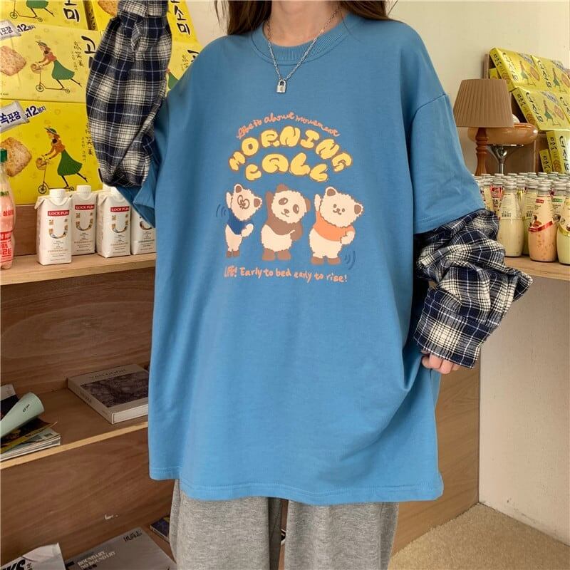 オシャレ度満点 ラウンドネック 個性的なデザイン カートゥーンプリント Tシャツ<S-2257>