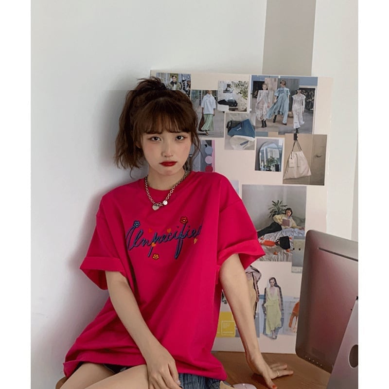 質感のいい アルファベット 刺?ロゴ Tシャツ ローズ ゆったり半袖<S-2967>