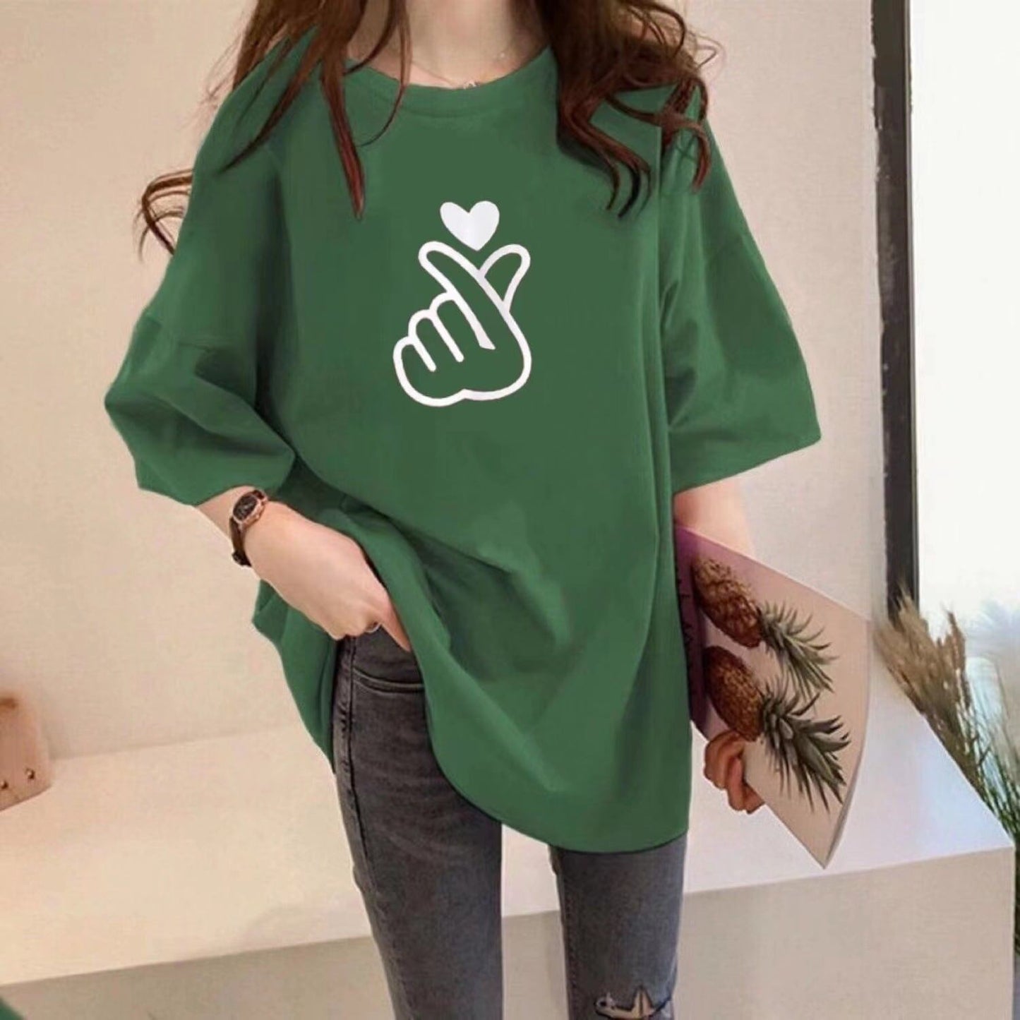 組み合わせやすい Tシャツ プリント 七色 ゆったり半袖<S-2968>