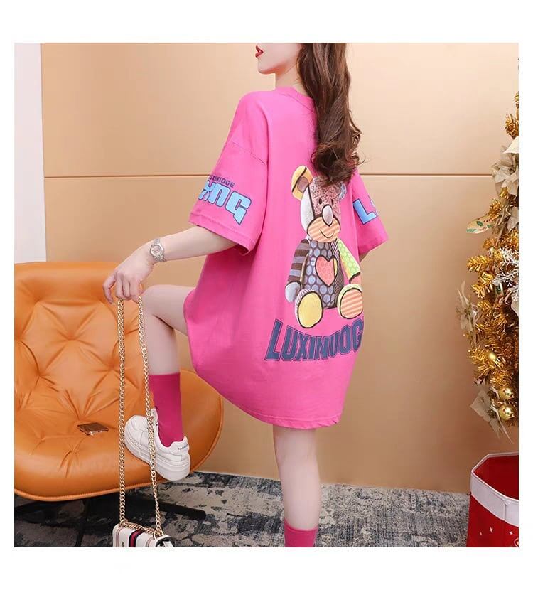 質感のいい アルファベット 熊柄 ドロップショルダー オーバーサイズ Tシャツ <S-2878>