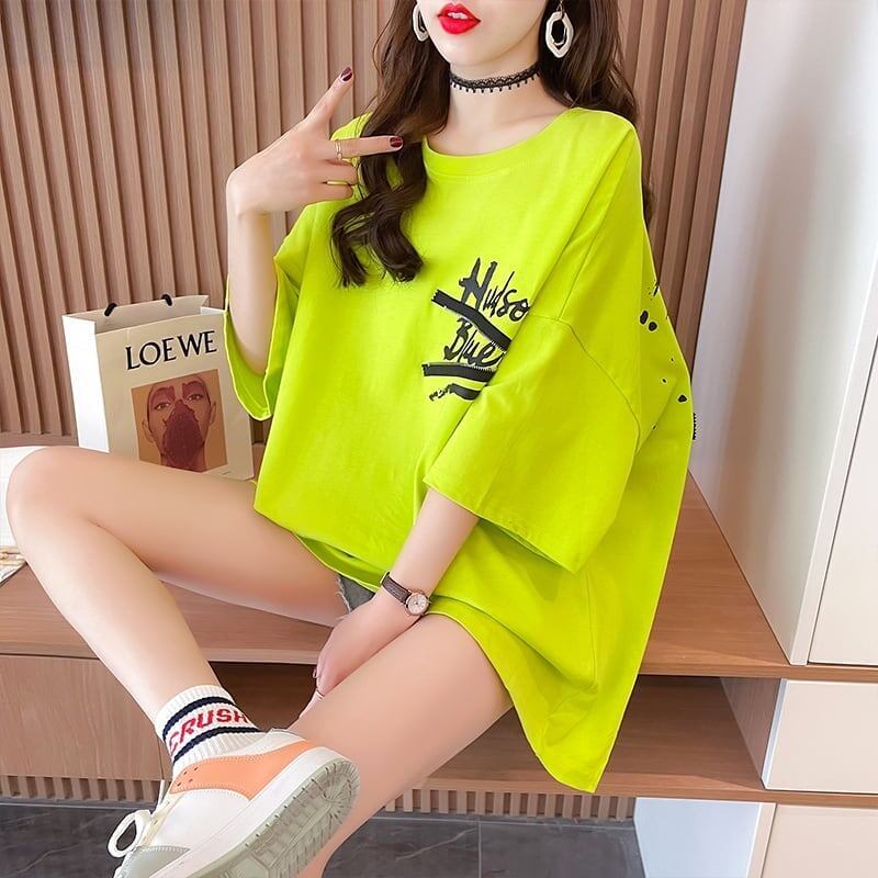 【人気商品再入荷!】 デザイン個性ゆったりミドル丈半袖Tシャツ<S-3036>