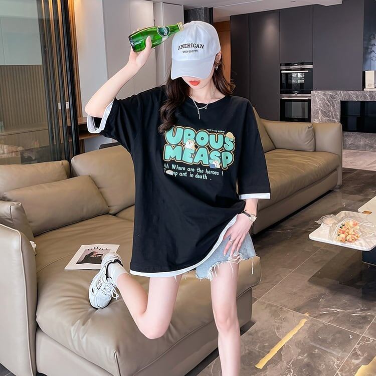 新作 プリントTシャツ ロング アルファベット オーバーサイズ＜S-2808＞