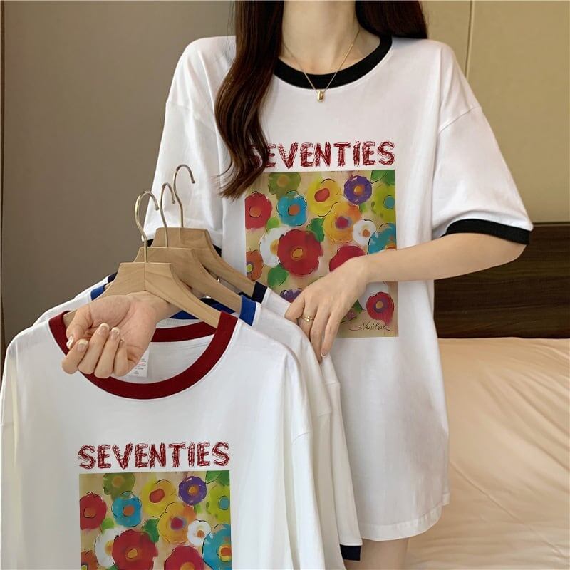 着?せ 配色 プリント ロング Tシャツ 四色 ゆったり半袖 ＜S-3019＞