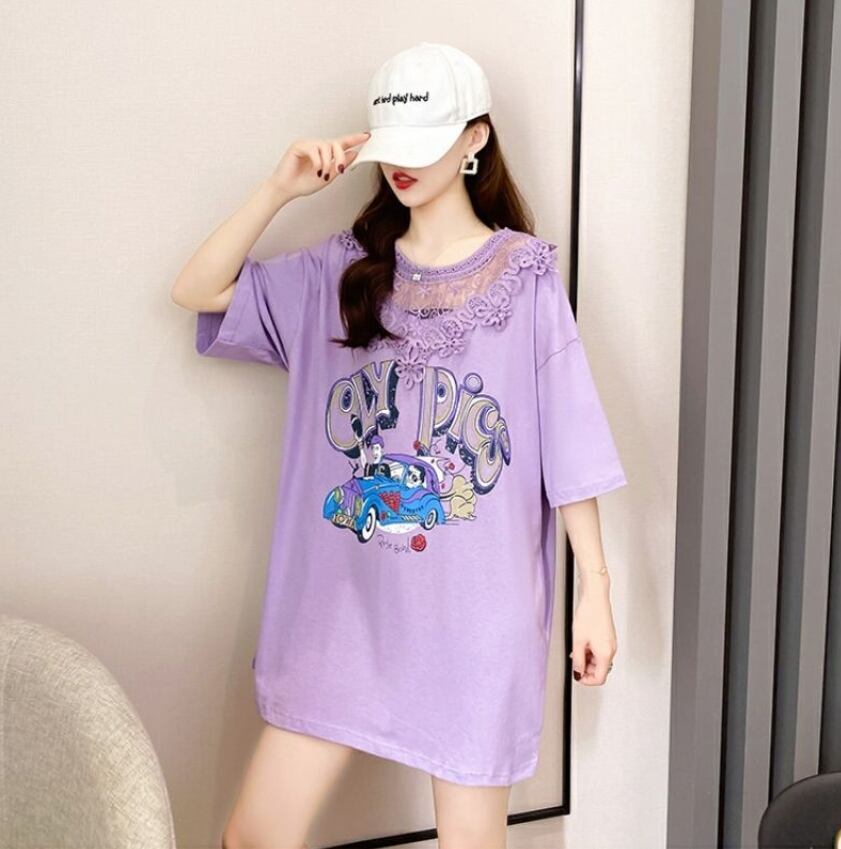 着回し力抜群 プリント カジュアル ビッグロゴ レース 切り替え 半袖Tシャツ 全3色＜S-8423＞