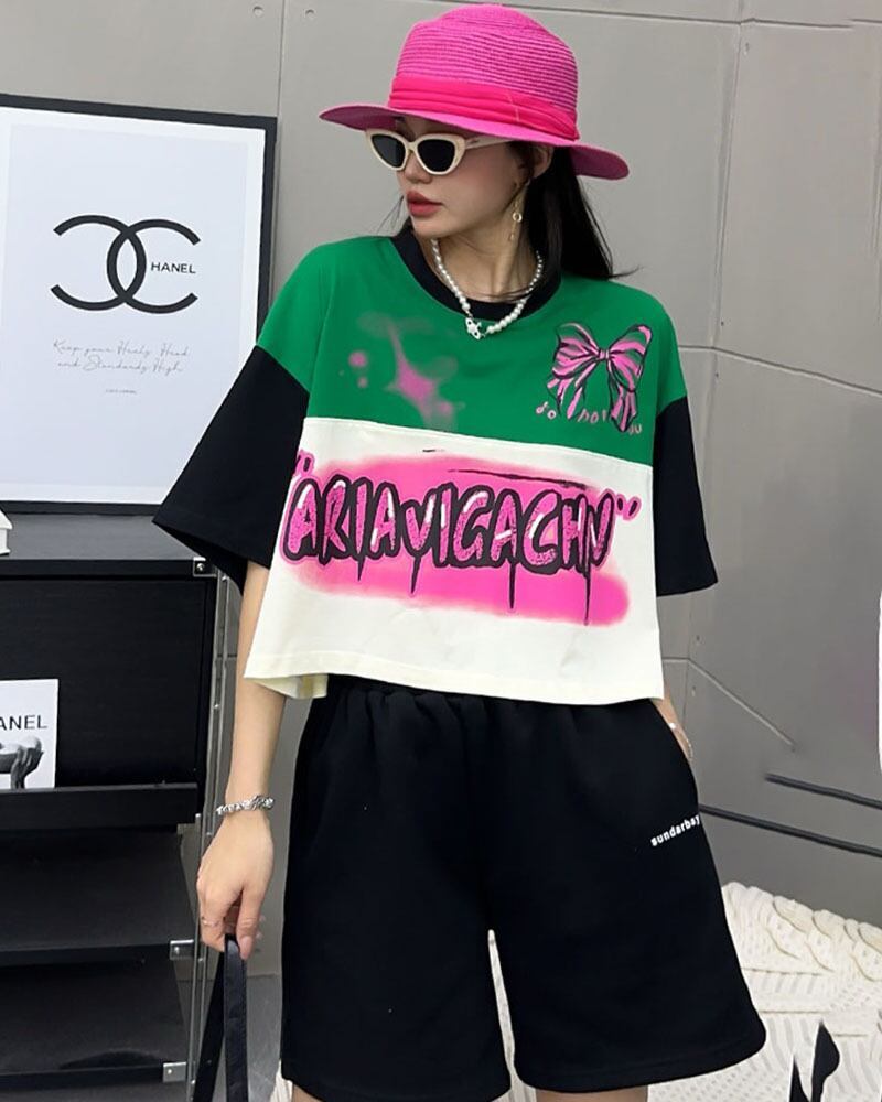 着回し力抜群 切り替え三色 韓国系 ゆったり半袖Tシャツ ＜S-8455＞