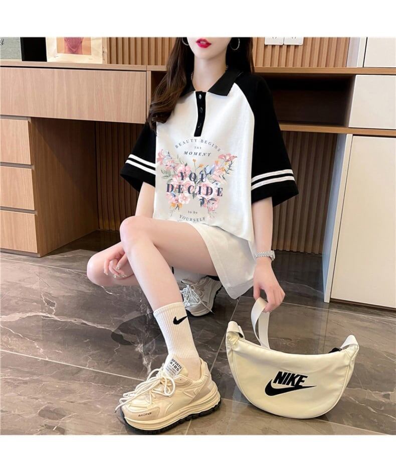 POLOネック プリント バタフライ ロング ラグランTシャツ ゆったりワンピース ＜S-3023＞