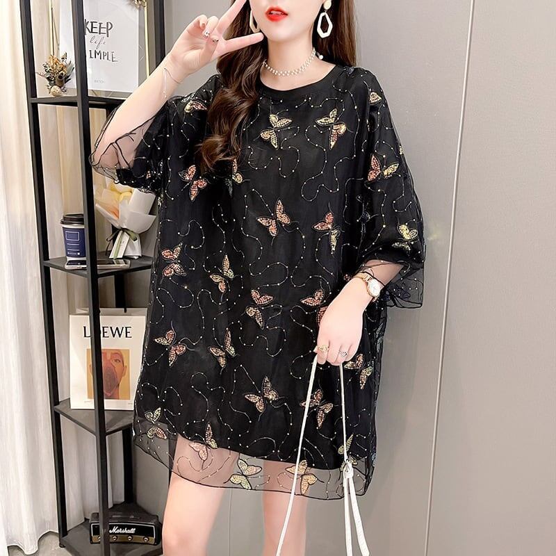 イントレンディなメッシュフェイクツーピースバタフライTシャツルーズトップ<S-2858>