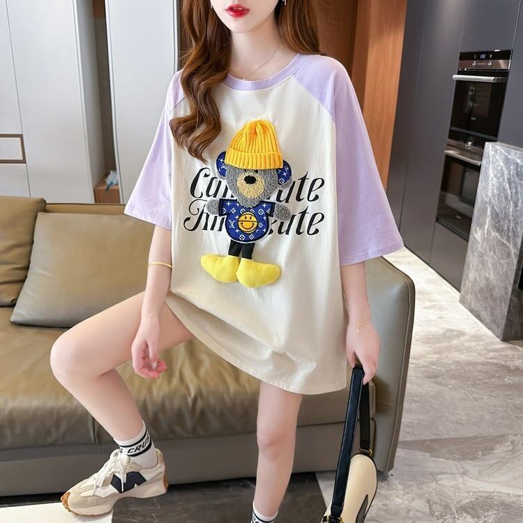 大注目 ラグランTシャツ カラーマッチング クマちゃん アルファベットプリント半袖 ＜S-2970＞