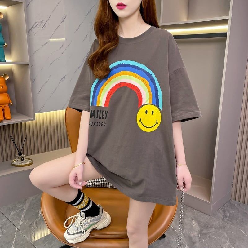 レインボースマイリーファッションオールマッチルーズ半袖Tシャツ<S-2860>