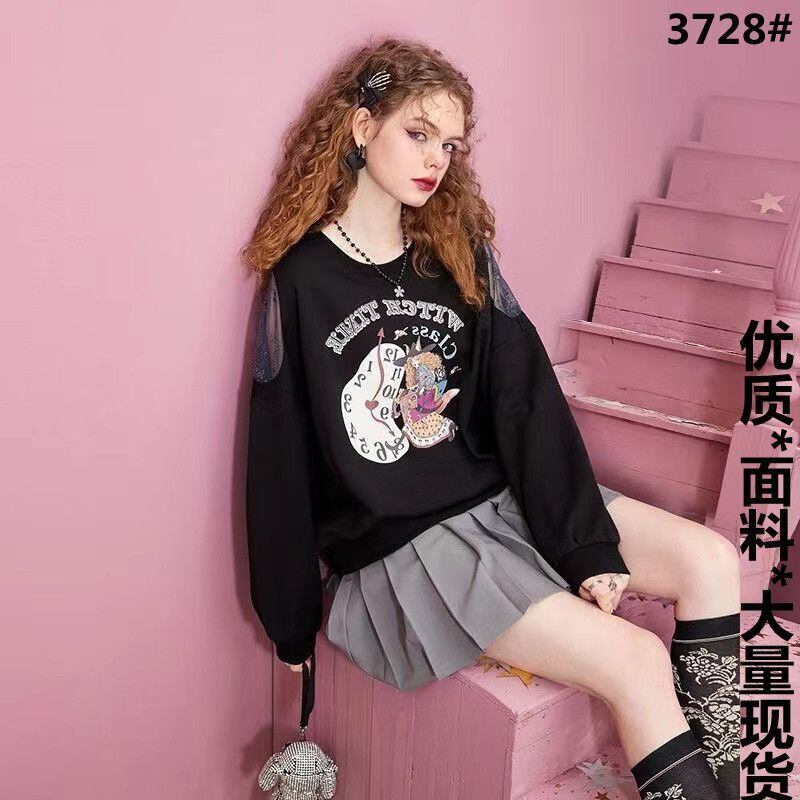 ファッショングラフィックプリントブラックスウェット長袖Ｔシャツ<S-4281>