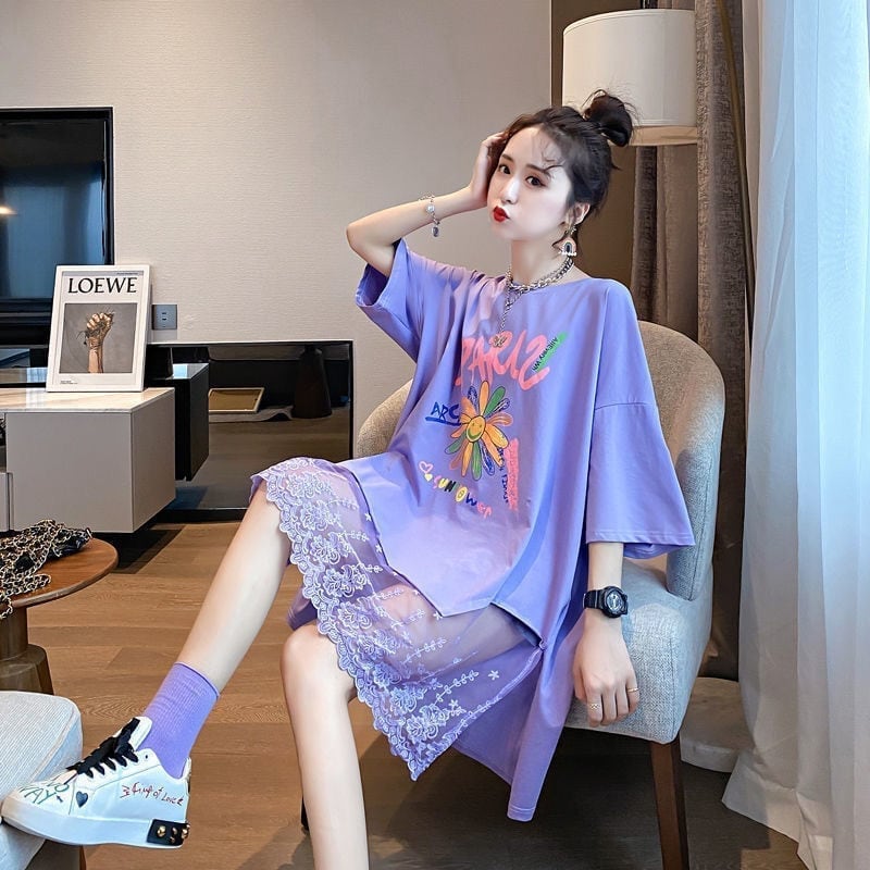 スウィート 花柄 レース アルファベット プリント ロングTシャツ ゆったり半袖＜S-2952＞