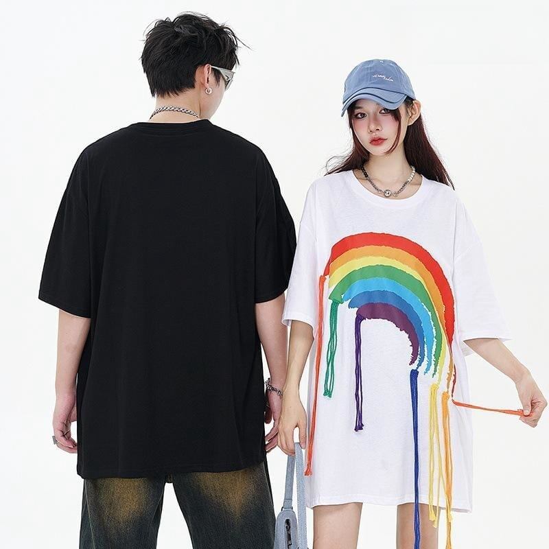 好感度UP 虹ロゴ タッセル ゆったり Tシャツ 全2色 ユニセックス半袖<S-4863>