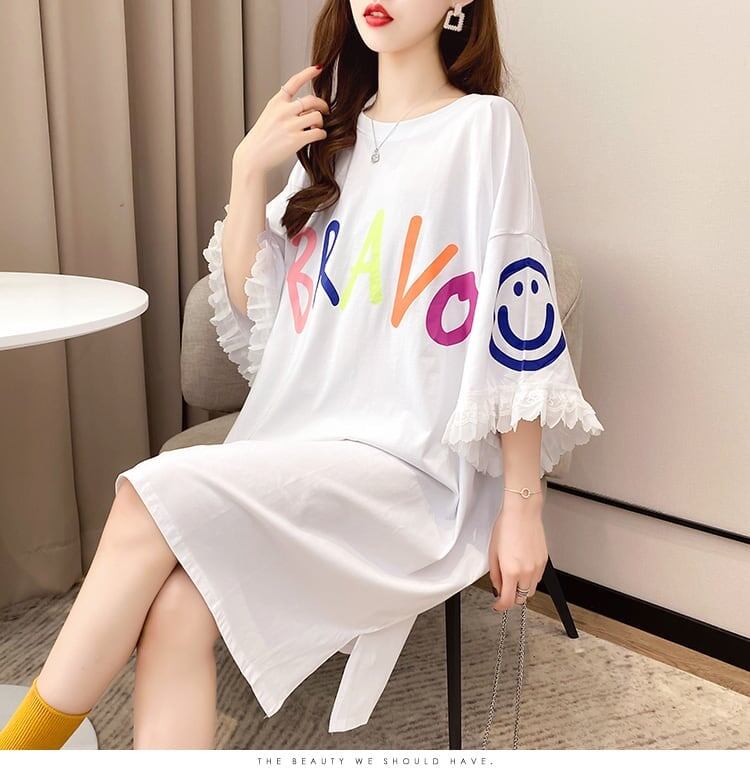 夏新作 アルファベット オーバーサイズ フリル プリントTシャツ 三色 ゆったり半袖＜S-3009＞