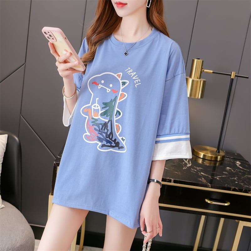 合わせやすい アルファベット ラウンドネック プリントTシャツ ゆったり ワンピース＜S-3992＞