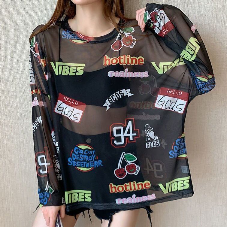 超人気 ルーズ 個性派 日焼け防止に透け感 Tシャツ＜S-8052＞