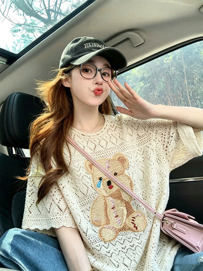 透かし編み ゆったり オーバーサイズ ニット Tシャツ  S-80010