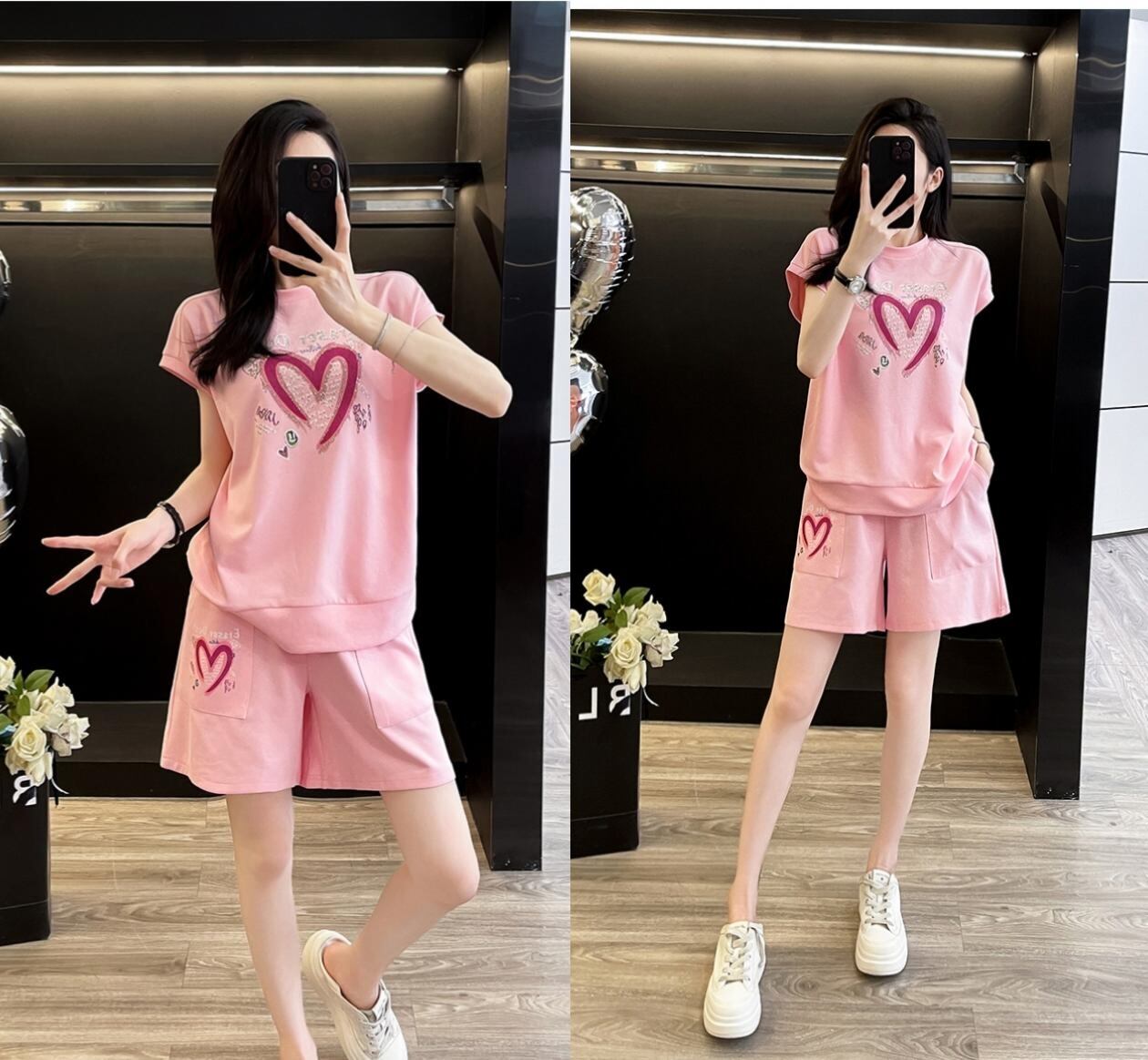 超人気 ホットダイヤモンド カジュアル プリント 半袖Tシャツ ショートパンツ セットアップ ＜S-9215＞