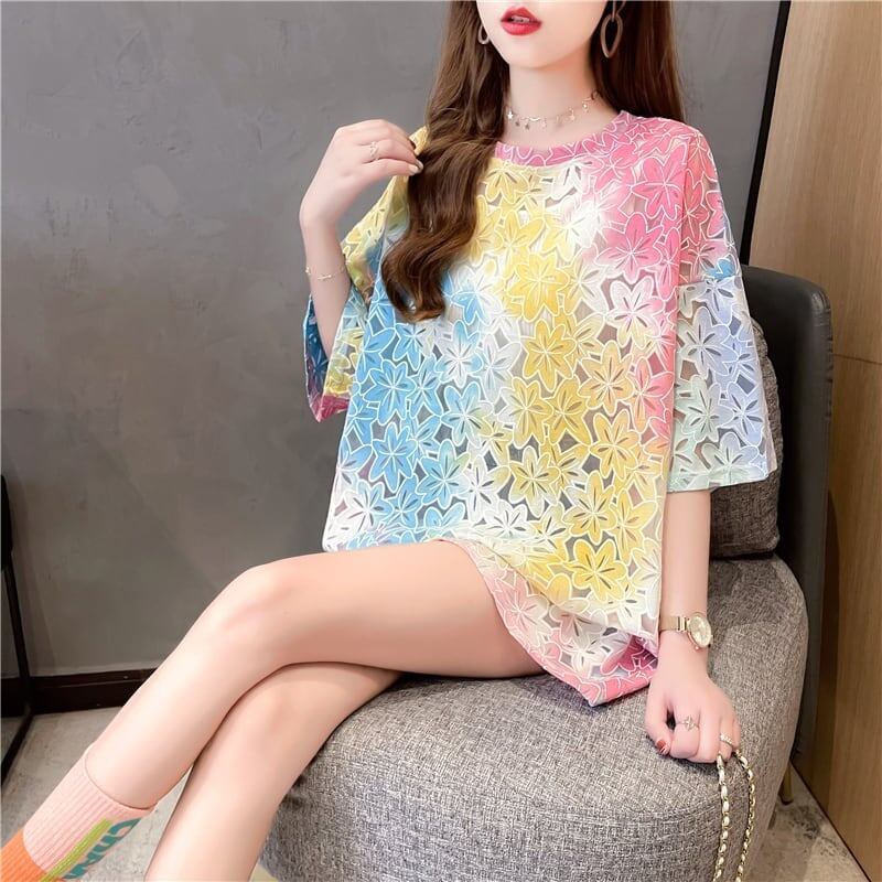 オシャレ度満点 ラウンドネック スタイリッシュ 透かし彫り Tシャツ カットソー＜S-2957＞