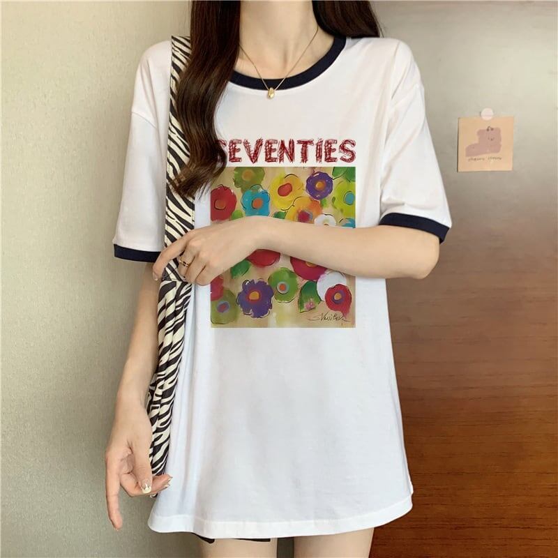 着?せ 配色 プリント ロング Tシャツ 四色 ゆったり半袖 ＜S-3019＞