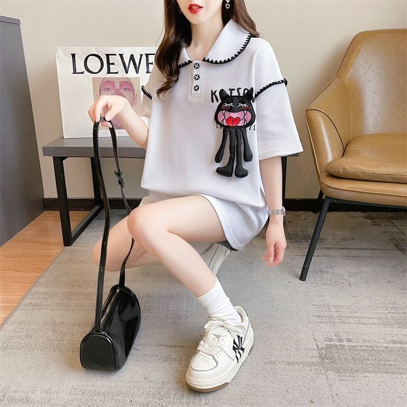 美人度アップ 折り襟 ワッフル ぬいぐるみ付き ロング Tシャツ ゆったり半袖 ＜S-2930＞