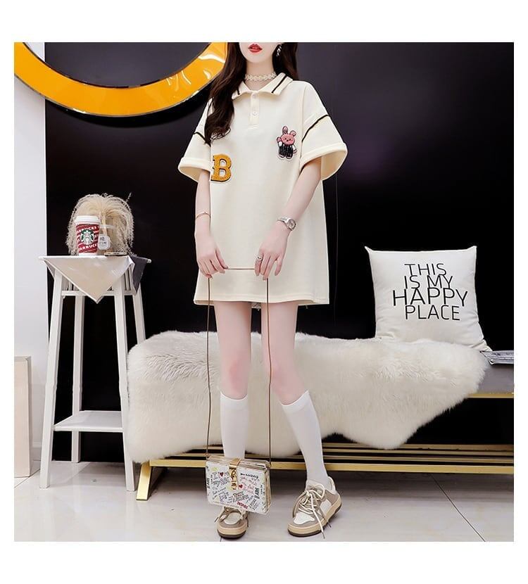 韓国系 ロング POLOネック Tシャツ 四色 ゆったり半袖 ＜S-2869＞