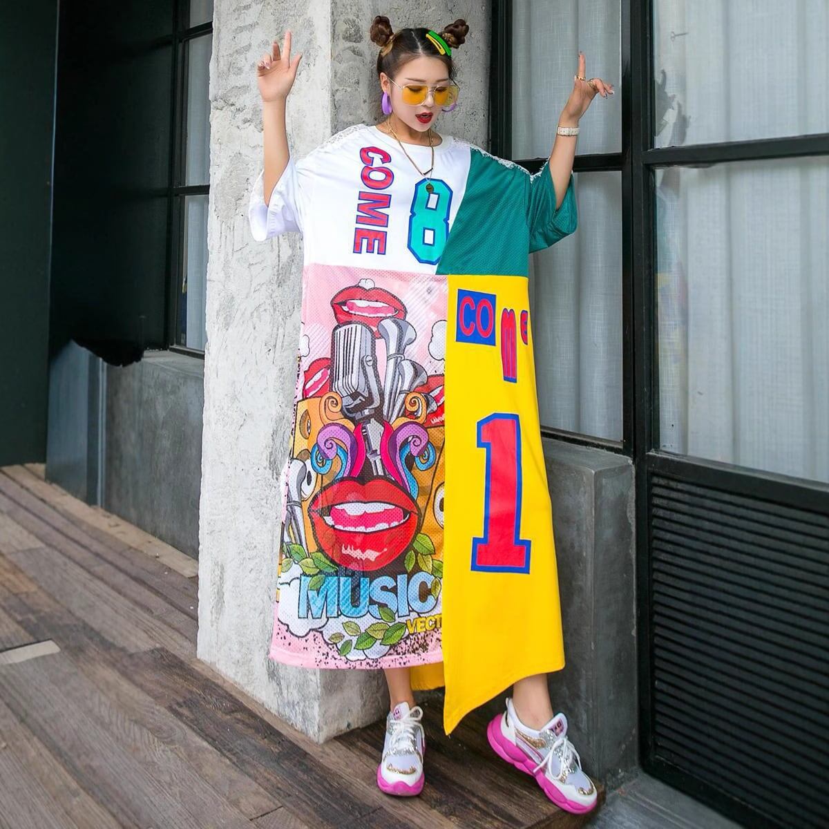 【人気商品再入荷】見逃し厳禁 イレギュラー カラーマッチング 切り替え プリント ロング ゆったり ワンピース＜S-4005＞