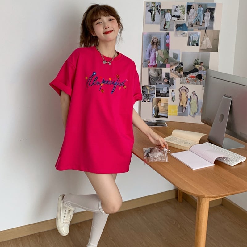 質感のいい アルファベット 刺?ロゴ Tシャツ ローズ ゆったり半袖＜S-2967＞