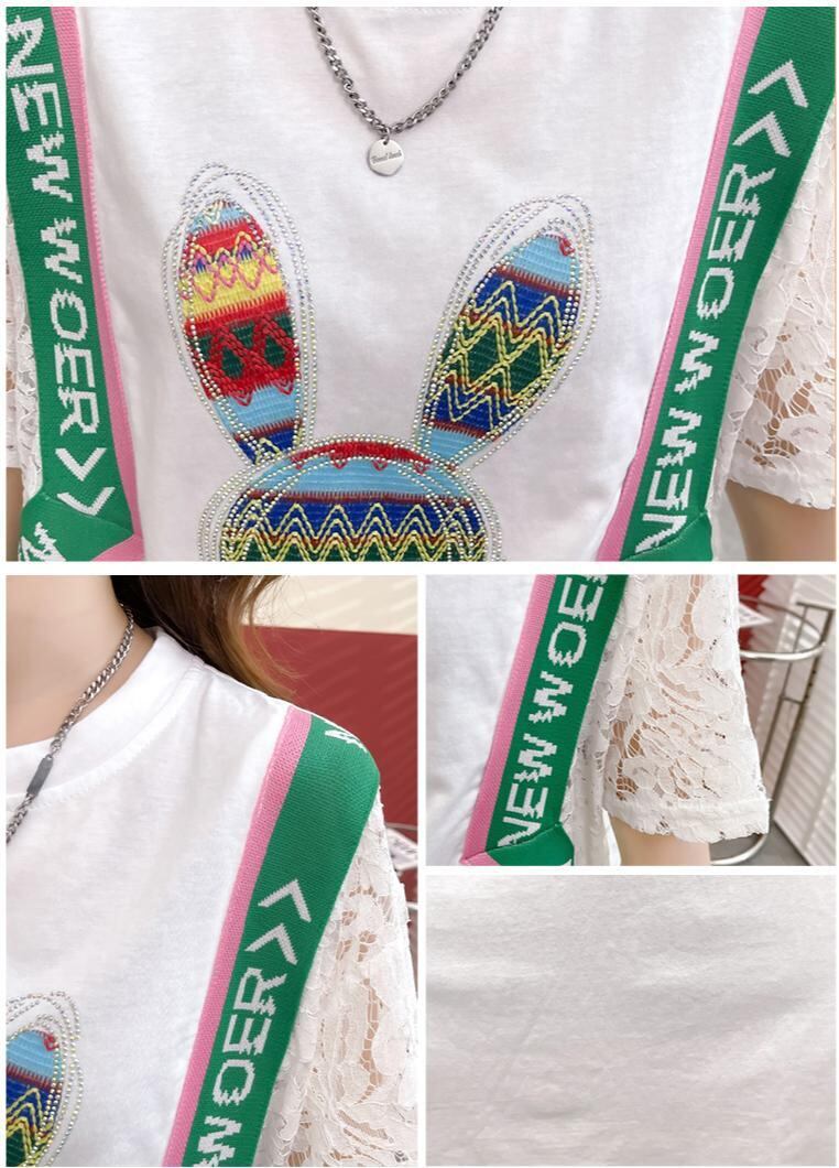 話題沸騰中 レース ビジュー 切り替え ロング Tシャツ ゆったりワンピース ＜S-3032＞