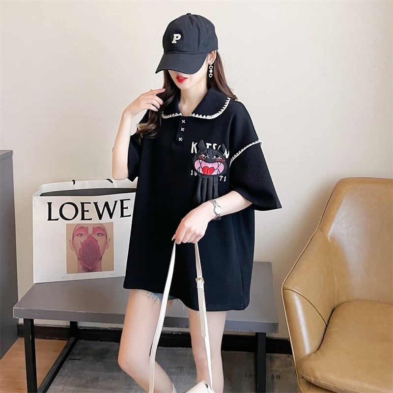 美人度アップ 折り襟 ワッフル ぬいぐるみ付き ロング Tシャツ ゆったり半袖 ＜S-2930＞
