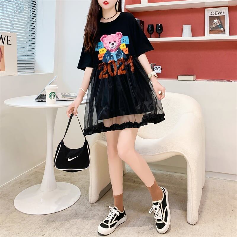 デザインセンスレースステッチフェイクツーピース半袖Tシャツワンピース<S-2964>