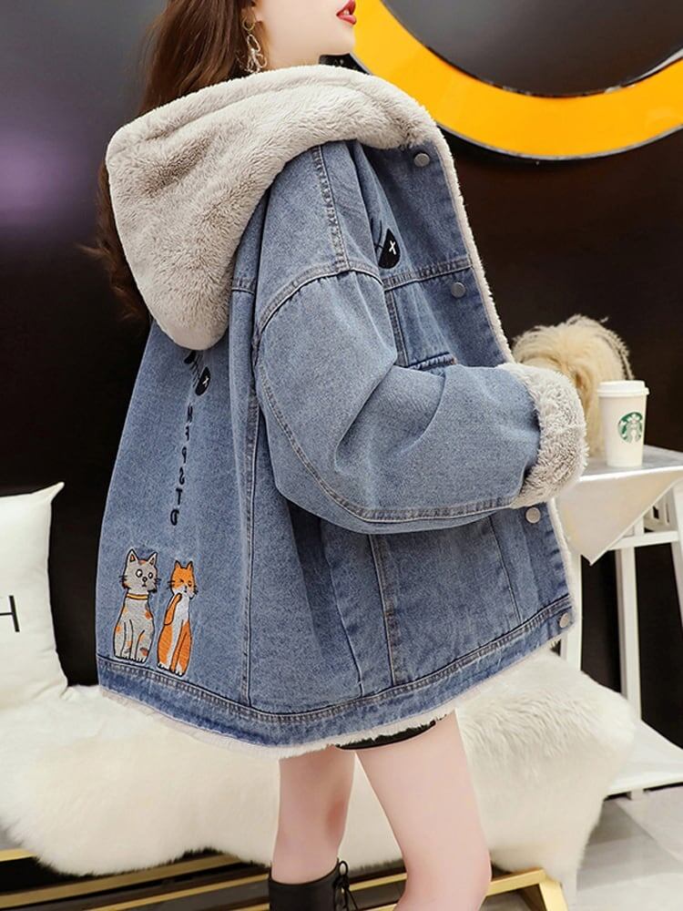 もこもこ裏起毛デニムジャケット厚手アルファベットロゴコート<S-4441>