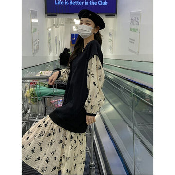 高級感 柔らかくて優しい印象 効果抜群 プリント切り替え ワンピース<S-10854>