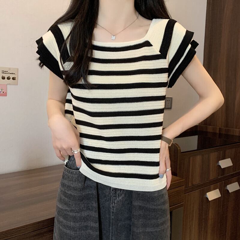 今季マストバイ ファッション カジュアル エレガント ストライプ柄 Tシャツ<S-8339>