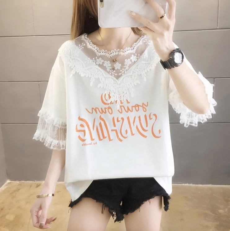 エレガントなレースステッチ半袖Tシャツ<S-3030>