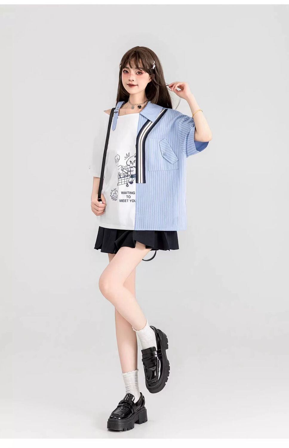 話題沸騰中 キュートストライプ柄 ファッション 切り替え 半袖Tシャツ＜S-8695＞