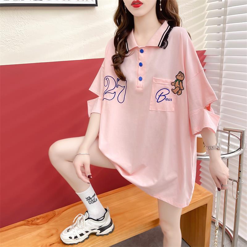 POLOネック ポケット ベアー レース ロング Tシャツ 三色 ゆったりワンピース＜S-3991＞