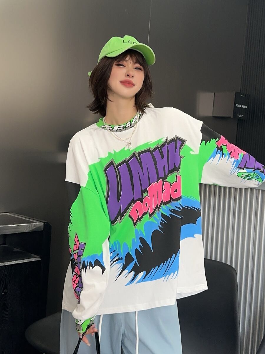 着回し力抜群 アバンギャルド 個性的なデザイン プリント全2色 Tシャツ<S-9225>