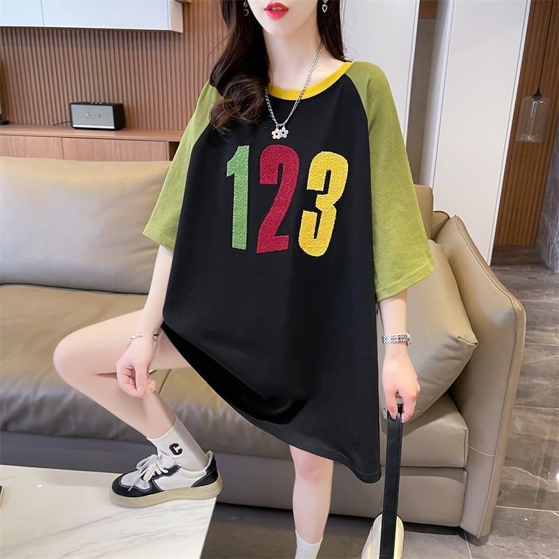 絶対欲しい カラーマッチング 数字刺 ロング Tシャツ ゆったり 半袖 ＜S-2896＞