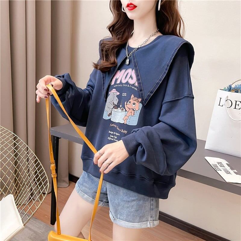 絶対欲しい グラフィックプリント セーラ服の襟 三色 長袖Tシャツトップス<S-4036>