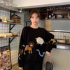 大人可愛い動物柄 ブラックニットセータートップス＜isf-4197＞