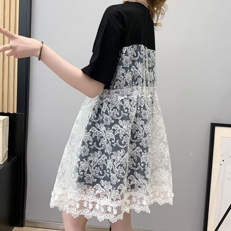 女子マスト 切り替え レース ゆったり 着せ ハイウエスト 半袖 ワンピース ＜S-2019＞